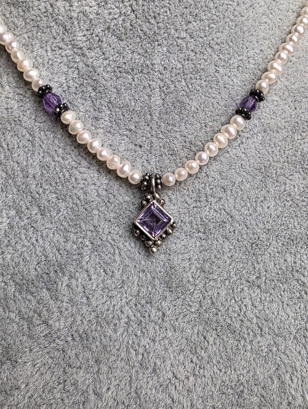 Vintage Amythyst 925 Silver Pendant & Genuine Freshwater Pearl Choker Necklace